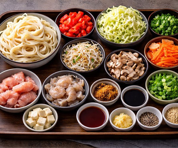 Tray displaying udon noodles with assorted vegetables, protein options, and sauce ingredients arranged in small bowls.