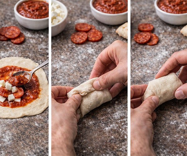 Assembling pizza rolls by adding sauce, cheese, and pepperoni, then folding and sealing the dough