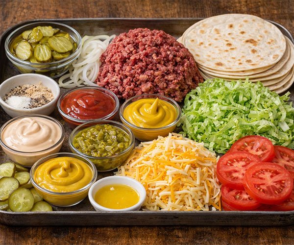 Smashburger quesadilla ingredients arranged on a tray with ground beef, tortillas, cheese, pickles, onions, lettuce, tomatoes, and sauces.