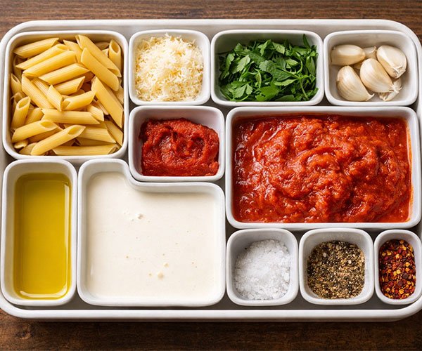 Ingredients tray for creamy tomato garlic pasta with penne, olive oil, cream, tomato sauce, tomato paste, garlic cloves, parmesan, herbs, salt, pepper, and red pepper flakes.