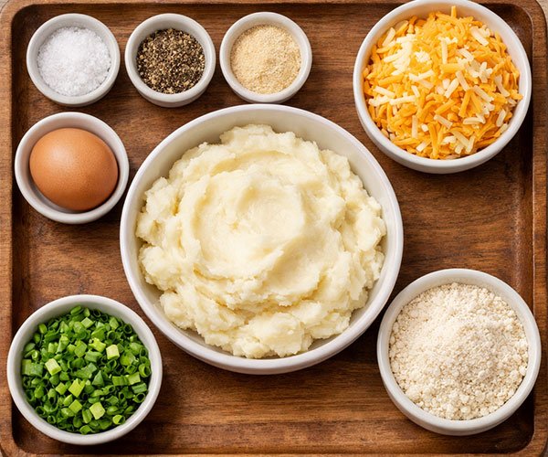 Neatly arranged ingredient tray with mashed potatoes, whole egg, shredded cheese, flour, green onions, salt, pepper, and garlic powder.
