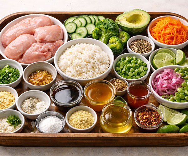 Ingredient tray with chicken, rice, vegetables, and sauces prepared for a sticky chicken bowl recipe.
