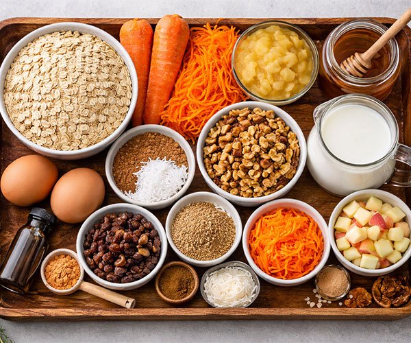 Rolled oats, grated carrots, eggs, milk, applesauce, honey, spices, and optional add-ins arranged neatly on a tray for carrot oatmeal cake.