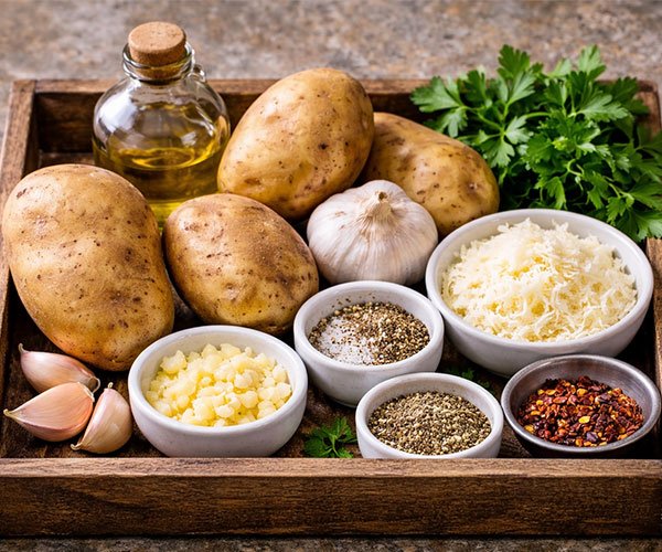 Tray with whole potatoes, olive oil, garlic, parmesan cheese, seasonings, and fresh parsley arranged for garlic parmesan potato wedges.
