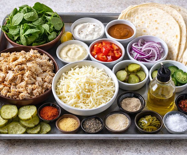 Ingredient tray with shredded chicken, mozzarella, tortillas, spinach, tomatoes, red onion, pickles, jalapeños, sauces, spices, and olive oil.
