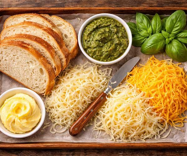 Sourdough bread, basil pesto, softened butter, and shredded mozzarella and cheddar cheese arranged neatly on a wooden tray
