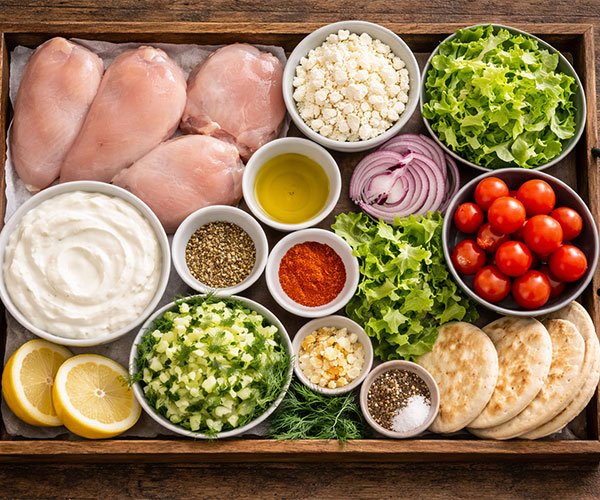 Tray filled with ingredients for Greek chicken pitas, including raw chicken, yogurt, vegetables, pita bread, feta, and seasonings.