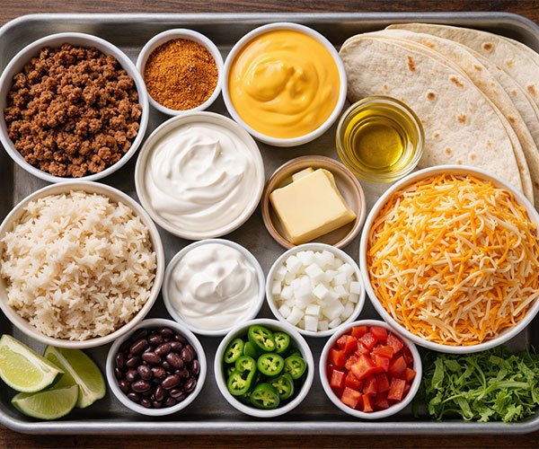 Ingredient tray for grilled cheese burritos with cooked ground beef, taco seasoning, nacho cheese sauce, sour cream, rice, shredded cheese, tortillas, oil, butter, black beans, jalapeños, diced onion, diced tomatoes, and shredded lettuce.