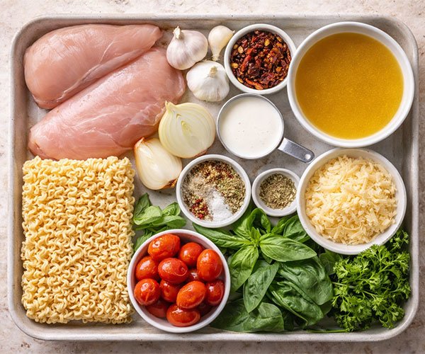 Tray of chicken ramen ingredients including chicken, noodles, garlic, broth, cream, cheese, and fresh herbs.