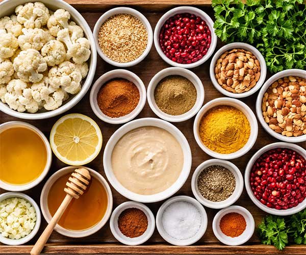 Ingredient tray with cauliflower florets, tahini, honey, olive oil, lemon, Moroccan spices, garlic, sesame seeds, fresh herbs, nuts, and pomegranate seeds arranged neatly in bowls.