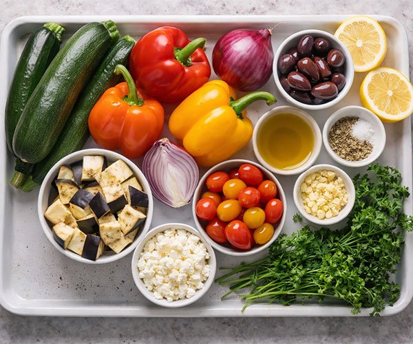 Ingredient tray with zucchini, bell peppers, red onion, cherry tomatoes, eggplant, Kalamata olives, lemon, olive oil, garlic, oregano, feta cheese, and fresh parsley arranged neatly on a white tray.