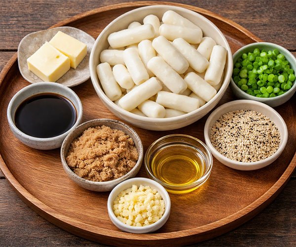 Korean rice cakes, butter, soy sauce, brown sugar, garlic, sesame oil, sesame seeds, and green onions arranged on a tray