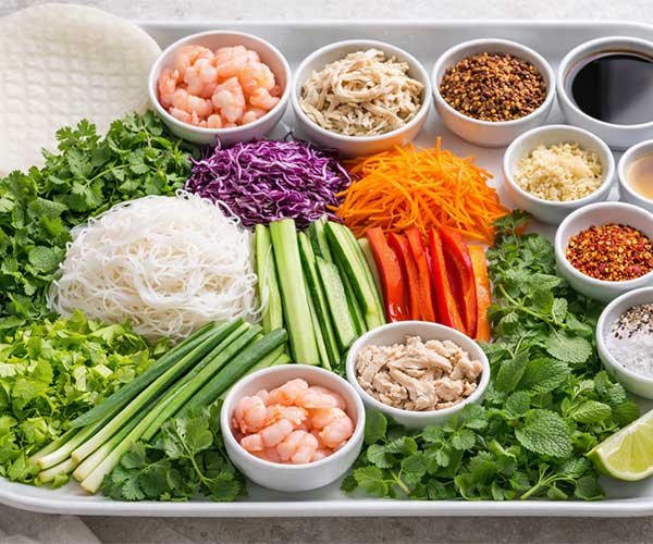 Rice paper spring roll ingredients arranged on a tray with vegetables, noodles, herbs, shrimp, and sauces.