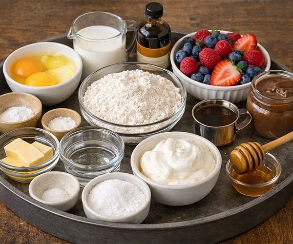 Japanese soufflé pancake ingredients arranged on tray with eggs, flour, milk, berries, cream, and syrups