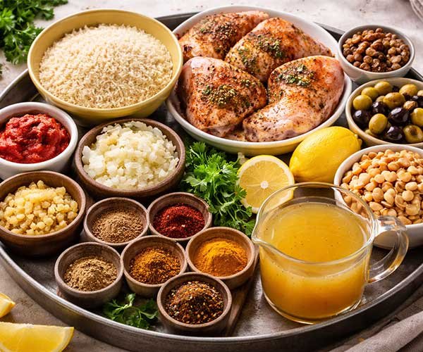 Tray of Moroccan chicken and rice ingredients including chicken, rice, spices, chickpeas, olives, and broth.