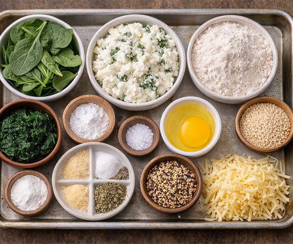 Tray filled with spinach cottage cheese flagel ingredients including cottage cheese, spinach, flour, egg, baking powder, and seasonings.