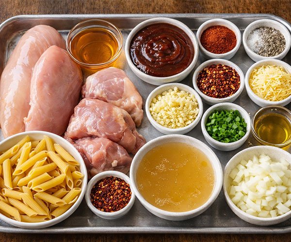 Ingredient tray with chicken, pasta, BBQ sauce, honey, garlic, broth, spices, cheese, and chopped garnishes.