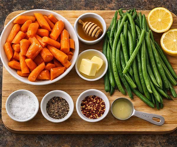 Ingredient tray on a wooden board with sliced carrots, fresh green beans, honey, butter, lemon halves, salt, black pepper, red pepper flakes, and lemon juice measured out.