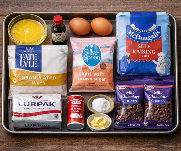 Baking ingredients arranged on a tray, including butter, sugar, brown sugar, eggs, flour, vanilla extract, baking soda, salt, and chocolate chunks.