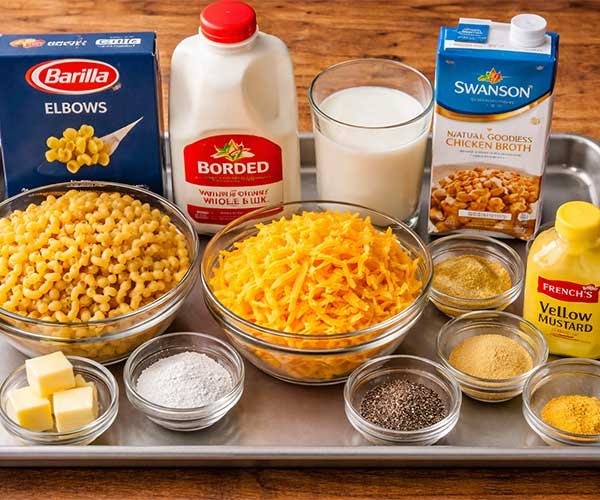 Mac and cheese ingredients on a tray with pasta, milk, broth, shredded cheddar, butter, salt, pepper, garlic powder, and mustard.