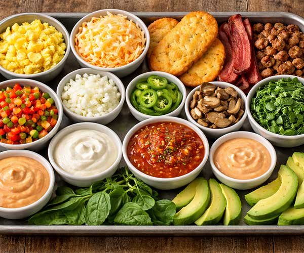 Breakfast crunchwrap ingredients arranged neatly in bowls on a large tray, including eggs, cheese, hash browns, meats, vegetables, avocado, and sauces.