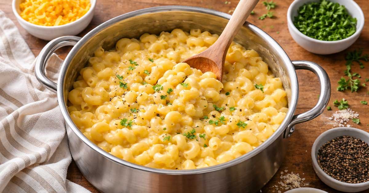 One-pot stovetop mac and cheese in a stainless steel pot with a wooden spoon.