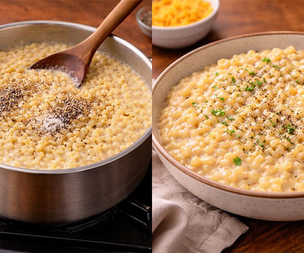 Side-by-side photos of mac and cheese being seasoned in a pot and served in a bowl with parsley and black pepper.