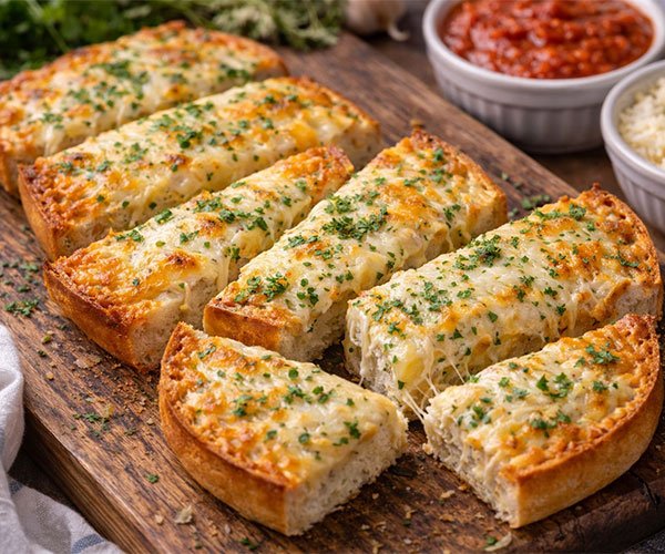 Cheesy garlic bread slices topped with melted cheese and herbs on a wooden board.