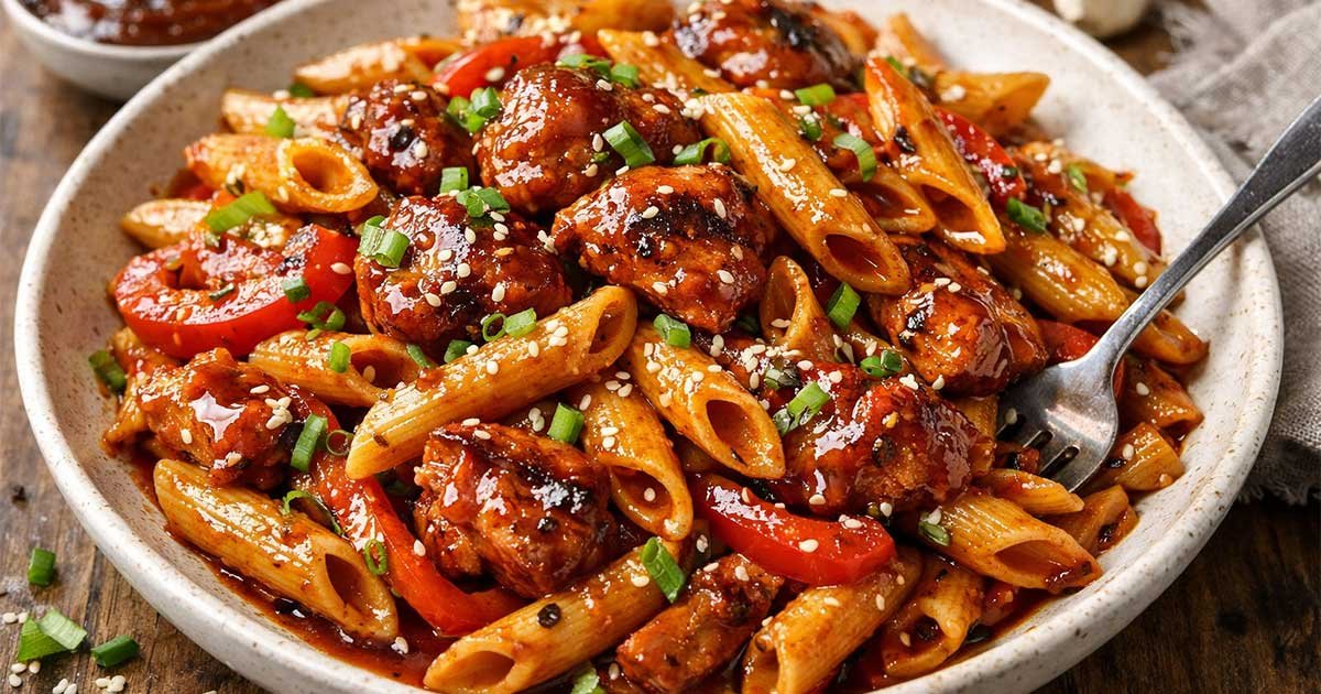 Sticky honey garlic BBQ chicken pasta with glazed chicken chunks, penne pasta, bell peppers, and green onions.