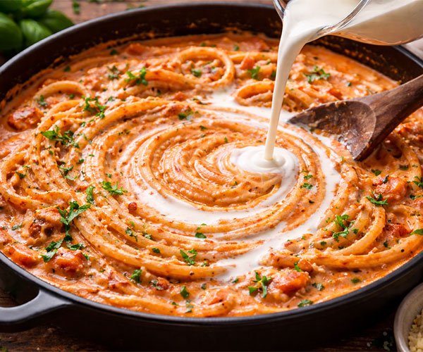 Heavy cream being poured into creamy tomato garlic pasta in a skillet, creating a rich, velvety sauce as it’s gently stirred.
