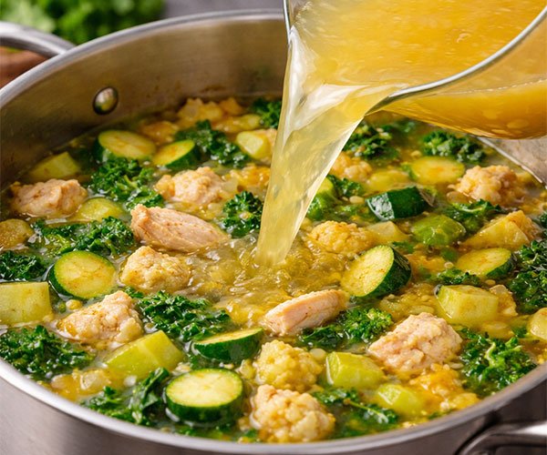 Pouring chicken broth into a pot of detox soup with chicken and vegetables.