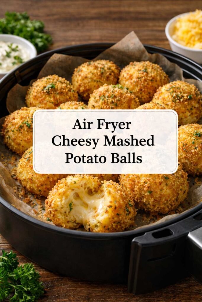 Air Fryer Cheesy Mashed Potato Balls displayed in an air fryer basket with a crispy breadcrumb coating and melted cheese center.