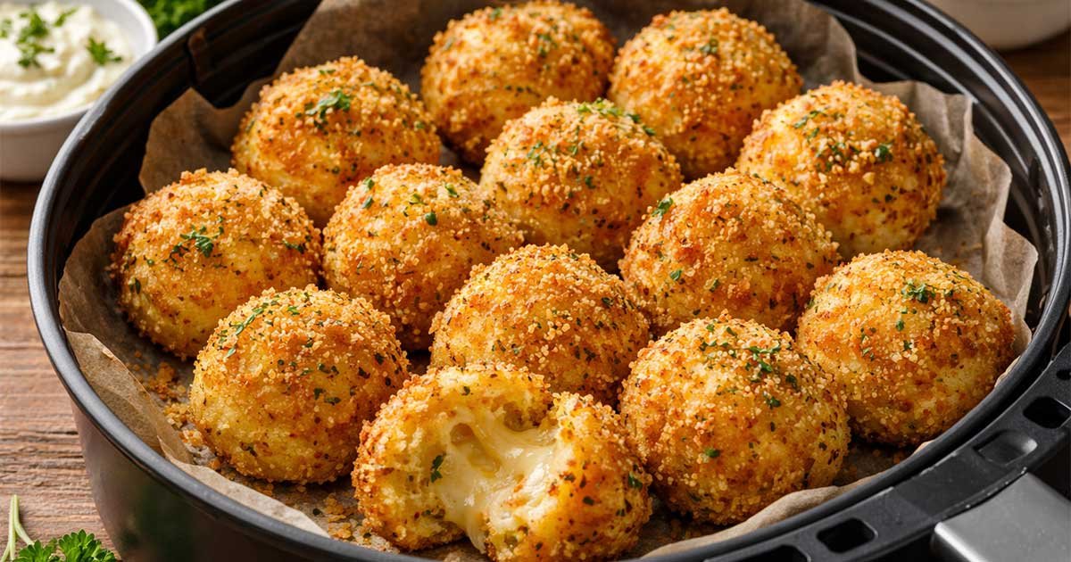 Crispy air fryer cheesy mashed potato balls coated in breadcrumbs, served in an air fryer basket with melted cheese inside.