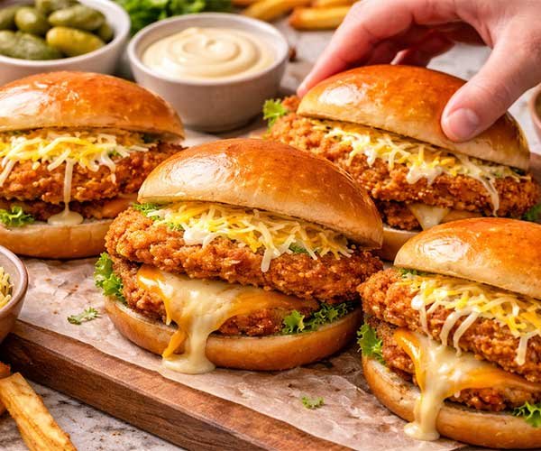 Assembling fried chicken buns with crispy chicken fillets and melted cheese tucked inside soft, glossy burger buns.