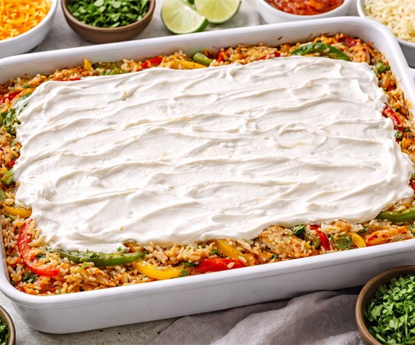 Assemble the Casserole by layering chicken, vegetables, rice, and spreading sour cream on top in a baking dish.