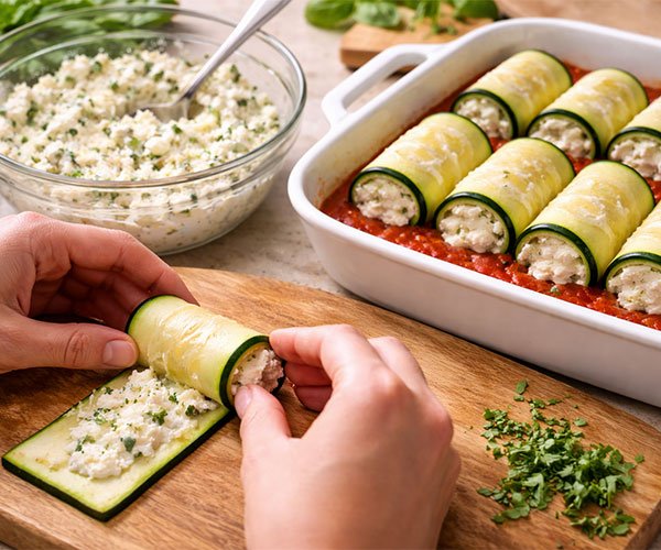 Hands rolling ricotta-filled zucchini slices into rollatini and placing them into a baking dish with marinara sauce.