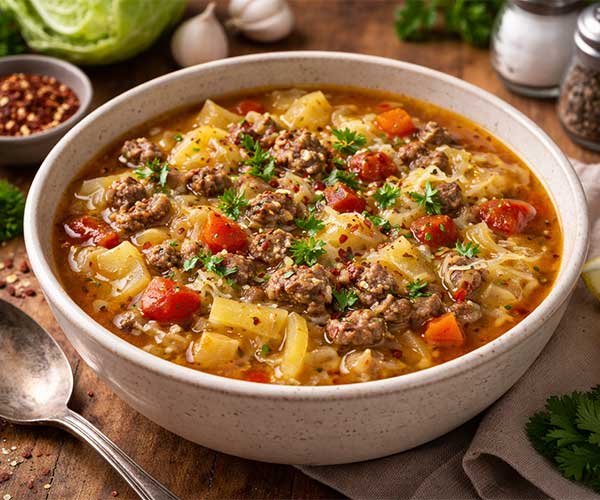 Bowl of beef and cabbage keto soup with ground beef, chopped cabbage, tomatoes, and herbs in a rich broth