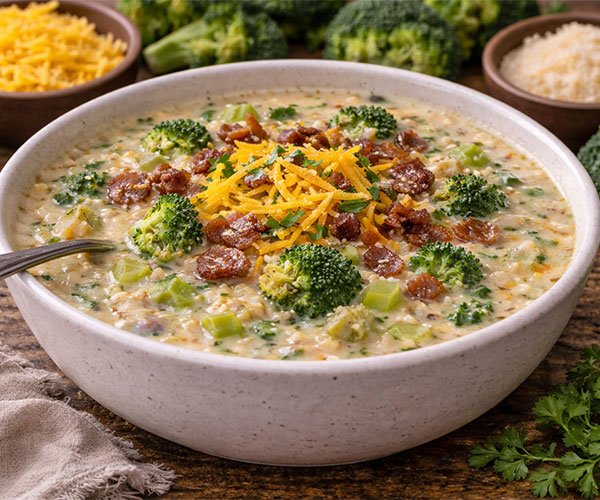 Bowl of creamy broccoli cheddar soup topped with shredded cheddar and crispy bacon, with broccoli and cheese bowls in the background.