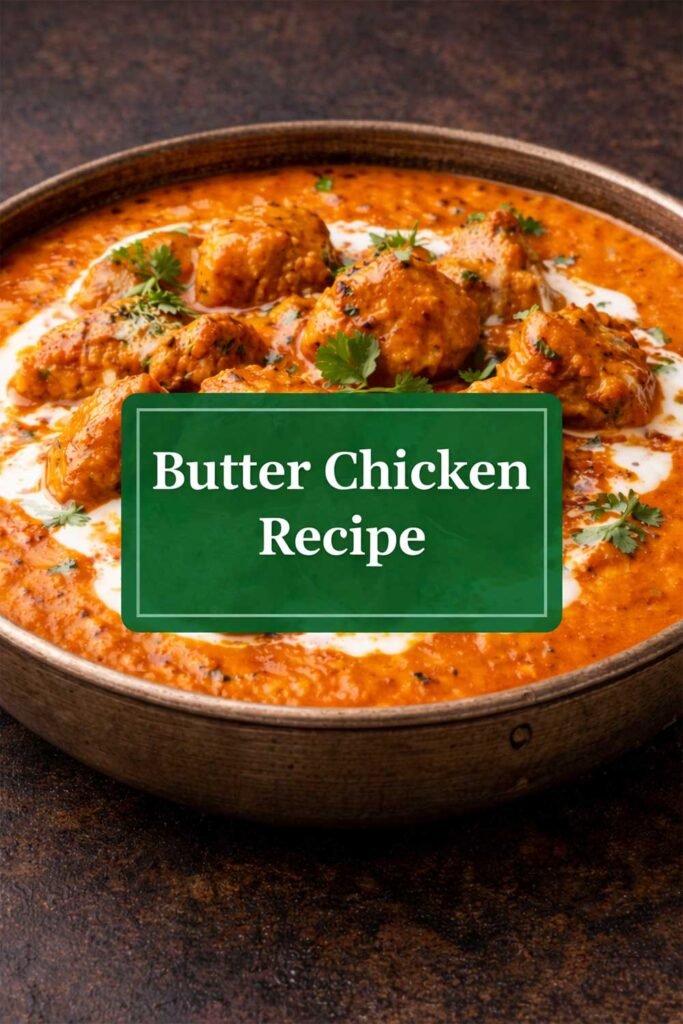 Butter Chicken recipe served in a rustic bowl with creamy tomato gravy, garnished with cilantro and cream, with title text in a green box.