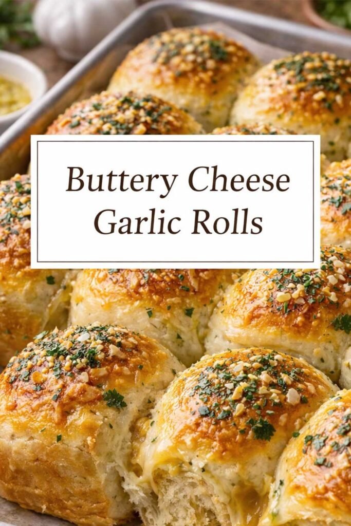Buttery Cheese Garlic Rolls baked until golden, topped with herbs and cheese, displayed in a baking tray with a title box overlay.