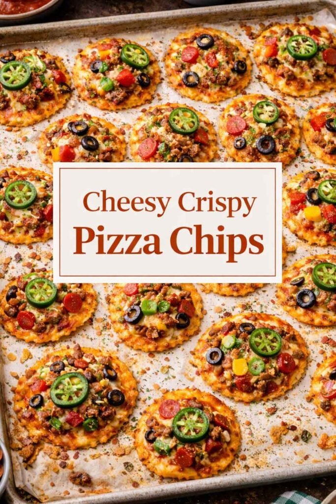 Baked cheesy crispy pizza chips on a tray with toppings and title text in center box.