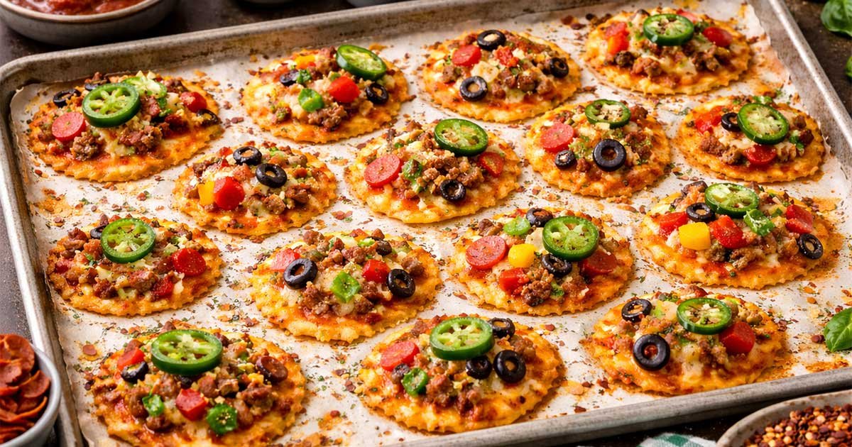 Tray of baked cheesy crispy pizza chips topped with pepperoni, olives, jalapeños, sausage, and peppers.