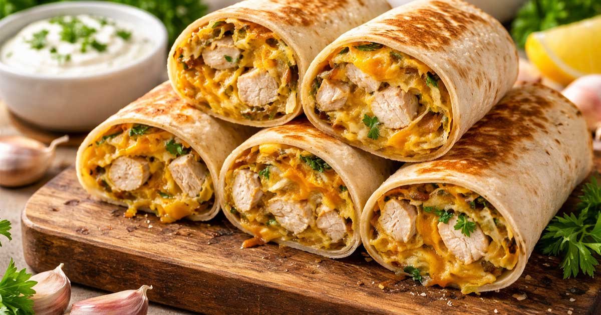 Cheesy Garlic Chicken Wraps sliced and stacked on a wooden board, filled with melted cheese, seasoned chicken, and fresh herbs.