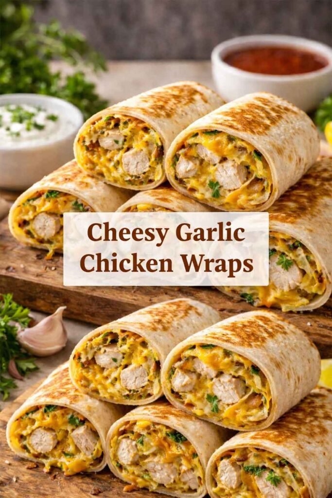 Cheesy Garlic Chicken Wraps stacked on a wooden board with melted cheese, grilled chicken, and herbs, labeled in a center text box.