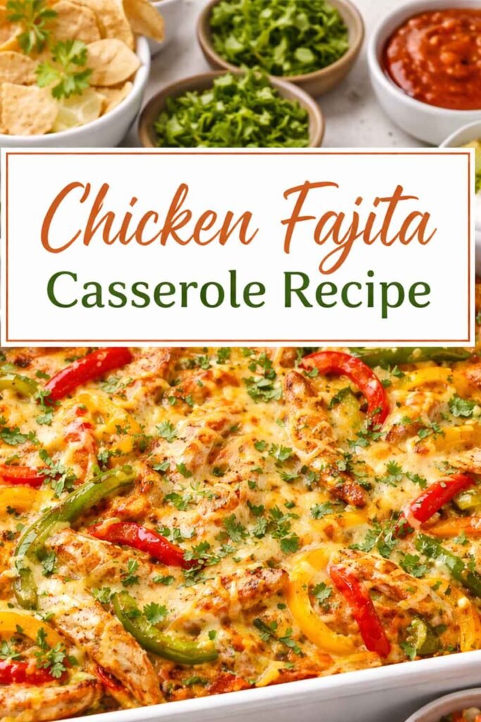 Chicken Fajita Casserole Recipe displayed in a cheesy baked casserole with peppers and chicken in a dish.
