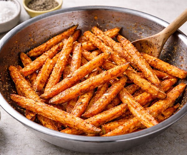 Sweet potato fries being coated and seasoned in a large metal bowl with spices and oil.