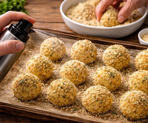 Mashed potato balls coated in breadcrumbs being sprayed with cooking oil before air frying.
