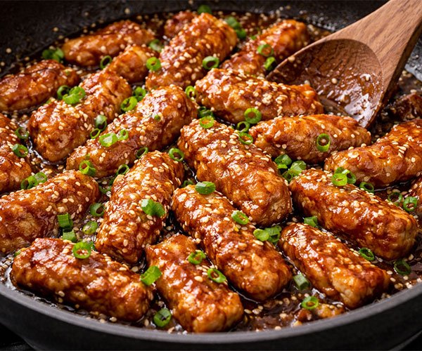 Cooked pork tossed in honey garlic sauce in a skillet, coated in a glossy glaze and garnished with sesame seeds and green onions.