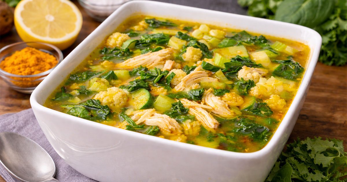 Comforting healthy detox soup with chicken and vegetables in a white bowl.
