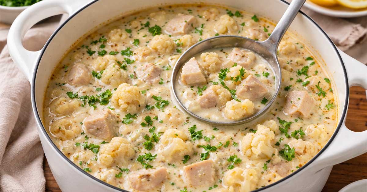 Comforting keto chicken and cauliflower soup in a white pot with creamy broth, tender chicken chunks, cauliflower florets, and chopped parsley garnish